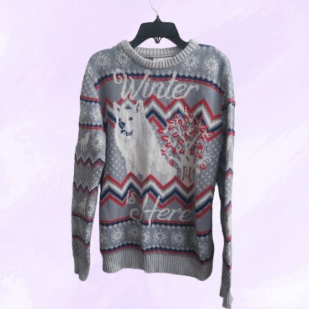 Game of Thrones HBO winter is here ugly christmas sweater in gray/white/red/blue